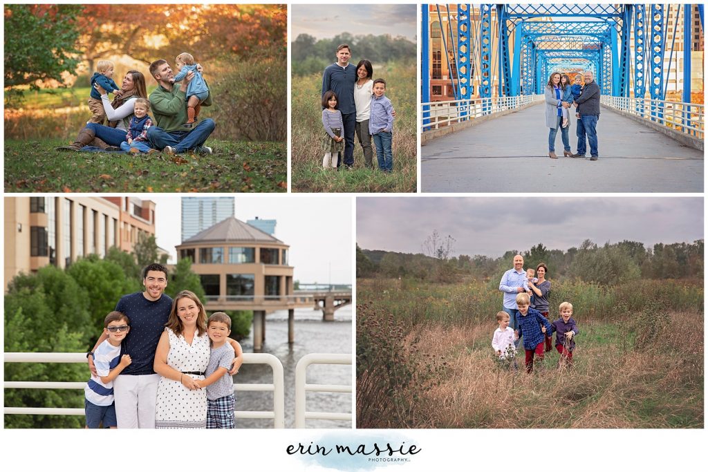 Erin Massie Photography collage of family portraits in outdoor locations near Grand Rapids