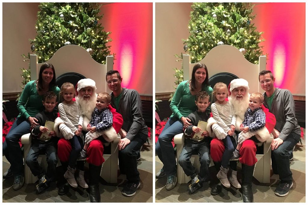 comparison collage of two photos with a family of 5 huddled with Santa in a big chair in front of a Christmas tree