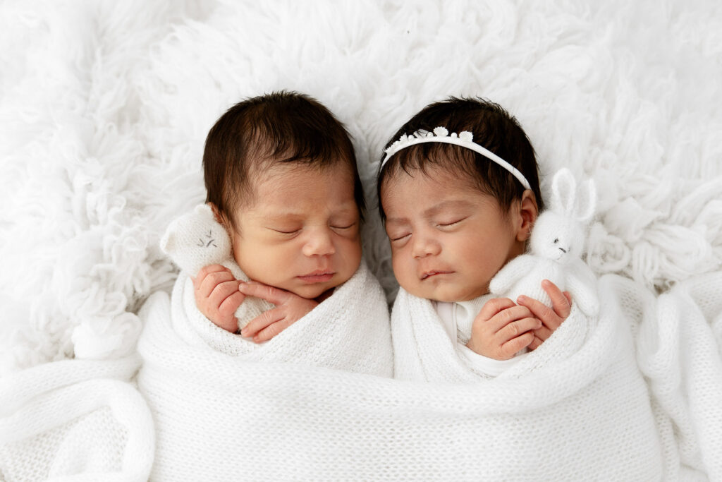 Newborn twins sleeping swaddled together holding a knit bear and bunny